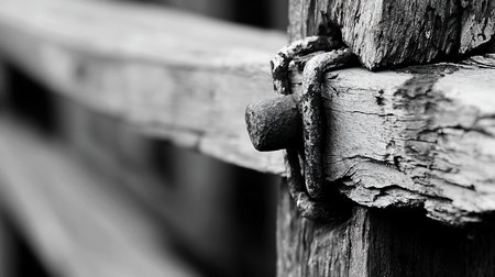 Close-up of a weathered wooden fence post secured with a rusty metal fastener, showcasing textures and aged details in black and white.の素材
