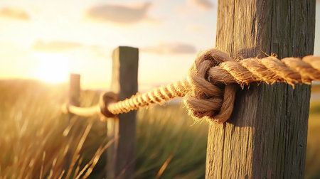 A thick, textured natural fiber rope is tightly knotted around a weathered wooden post, with a blurred background of golden sunlight and grass.の素材