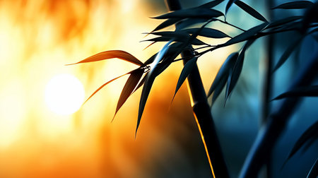 Delicate, dark green bamboo leaves with pointed tips are silhouetted against a vibrant, blurred background of golden sunset and deep blue tones.の素材