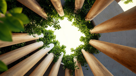 Smooth, light brown wooden pillars rise upwards, surrounded by lush green foliage, creating a natural, organic architectural element.の素材