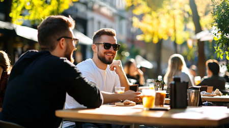 A man with a beard and sunglasses smiles while sitting at an outdoor table. He wears a white t-shirt and is engaged in conversation.の素材