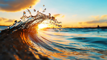 A clear, turquoise ocean wave crests, illuminated by golden sunlight, creating splashes and droplets as it curls.の素材