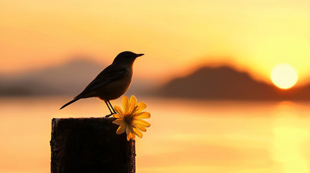 A small bird silhouette perched on a wooden post, with a yellow flower, against a warm sunset.の素材