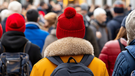 A person wearing a bright red knitted beanie with a pom-pom, a fur collar, and a yellow jacket, with a black backpack.の素材