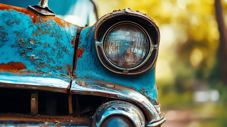 Front section of a vintage car, showing heavily rusted turquoise metal, flaking paint, and a round headlight with cracked glass.の素材