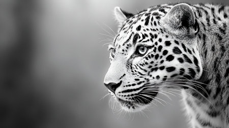 Close-up, profile view of a jaguar's head in black and white, showcasing its distinctive spotted fur and intense gaze.の素材