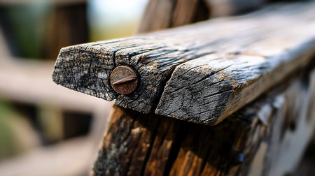 Close-up of a weathered wooden armrest featuring a rusty screw, showcasing the wood's aged texture and visible grain.の素材