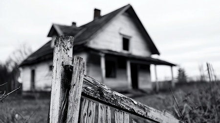 Close-up of a weathered wooden fence, featuring vertical posts and horizontal rails. The wood shows significant signs of aging, with peeling paint and visible grain.の素材