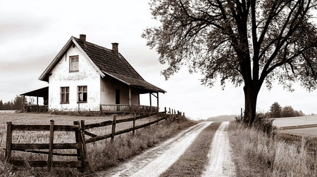 A weathered, white farmhouse with a dark, tiled roof, porch, and chimney. Features include windows and a rustic, aged appearance.の素材