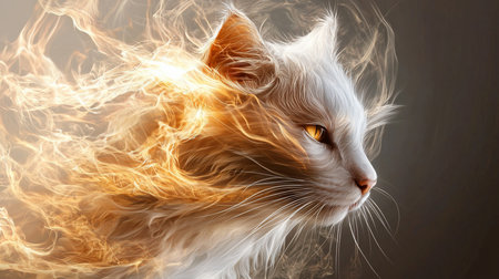 A white cat profile, with fiery, golden-orange energy emanating from its fur. The cat has bright yellow eyes and long white whiskers.の素材