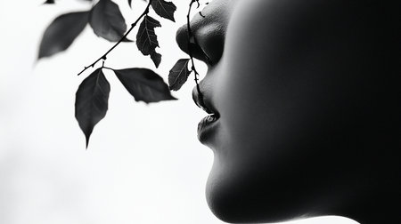 Close-up profile of a woman's face in monochrome, with leaves near her face, showcasing a serene expression and artistic composition.の素材