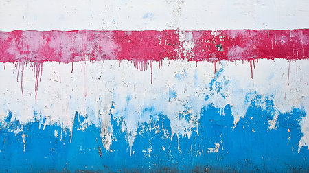 Textured wall with layers of white, red, and blue paint. The red paint drips downwards, creating a unique visual effect. The wall shows signs of wear.の素材
