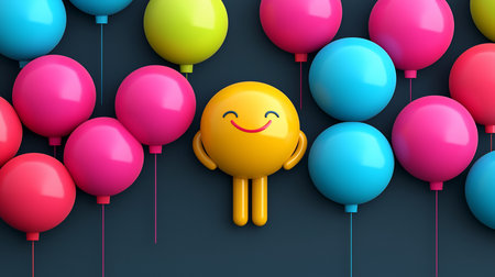 A bright yellow, 3D rendered smiley face character with arms and legs stands happily amidst a collection of colorful, glossy balloons.の素材