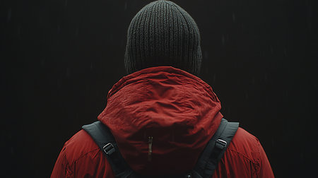 A person viewed from the back, wearing a red jacket with a hood and a dark gray beanie. The person also has a backpack.の素材