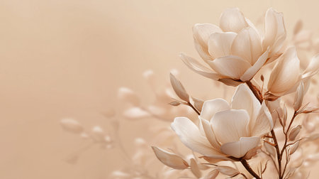 Close-up of creamy white magnolia flowers and buds, showcasing their delicate, translucent petals and textured branches.の素材