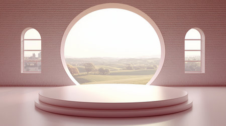 A two-tiered, pink podium with a circular window and two arched windows. The podium is smooth and reflective.の素材