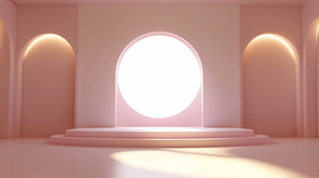 A minimalist pink interior featuring a circular window, arched doorways, and a tiered stage, bathed in soft light. The walls have a textured finish.の素材