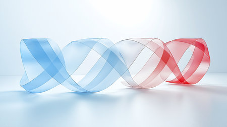 A semi-transparent, mesh-like ribbon forms a flowing horizontal spiral, its color smoothly grading from vibrant blue on one end to bright red on the other.の素材
