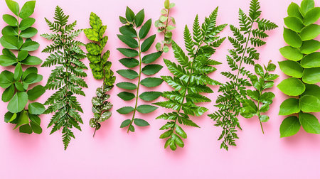 Fresh green foliage with diverse leaf shapes, including smooth ovals, compound pinnate, and delicate fern fronds, showcasing natural textures.の素材