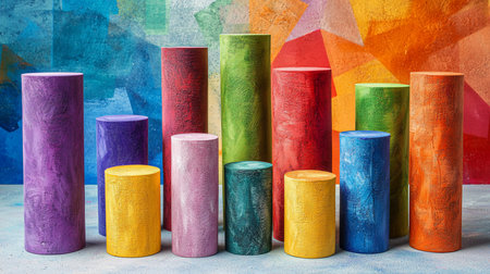 A collection of cylindrical columns, each painted with a different color and texture. The surfaces show visible brushstrokes.の素材