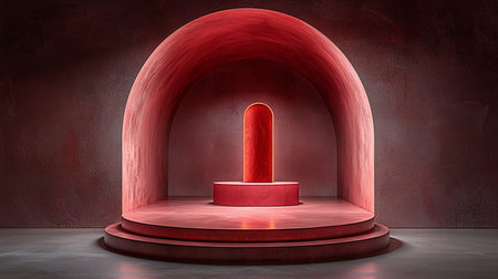 A striking red archway frames a central cylindrical capsule atop a tiered pedestal, bathed in soft, warm light.の素材
