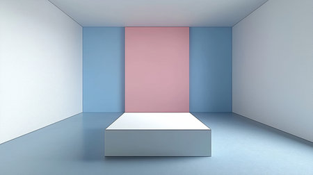 A pristine, empty studio space featuring a white rectangular display podium, set against textured white, smooth blue, and vibrant pink walls.の素材