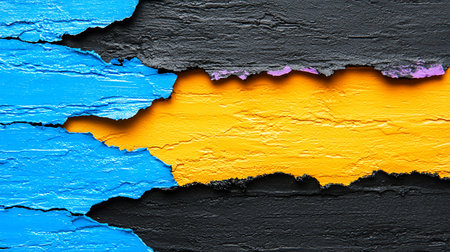 Jagged edges of vibrant blue, yellow, and black paint layers peeling from a rough, textured surface, revealing subtle purple beneath.の素材