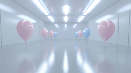Row of glossy pink and blue balloons with strings. Balloons are inflated and arranged in a symmetrical pattern.の素材