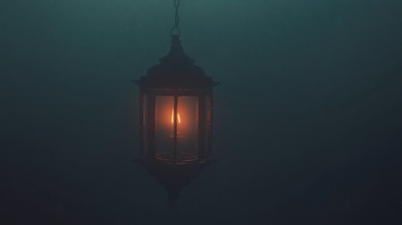 A vintage, dark metal hanging lantern with glass panes glows with a warm, flickering candle inside, casting a soft light in a dark, misty environment.の素材