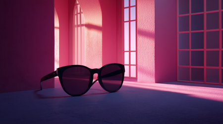 Stylish black frame sunglasses featuring dark, reflective lenses, positioned at an angle, showcasing a contemporary design.の素材