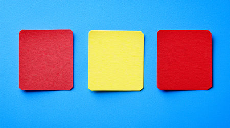 Three rectangular cards, two red and one yellow, with a textured surface, arranged in a row on a blue background.の素材
