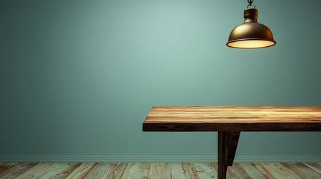 A sturdy, rough-hewn wooden tabletop with prominent grain and dark edges. Above, a metallic brass dome pendant lamp emits a warm, inviting glow.の素材