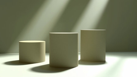 Three olive green cylindrical podiums of varying heights, featuring a textured surface, arranged in a row with light streaks illuminating them.の素材