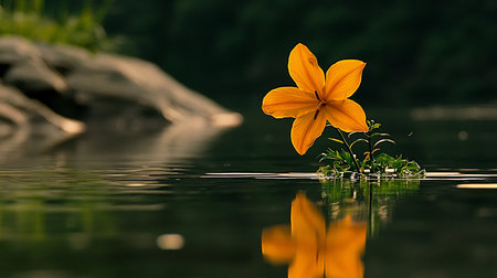 A bright orange lily with five petals stands in water, its reflection visible on the water's surface, surrounded by green foliage.の素材