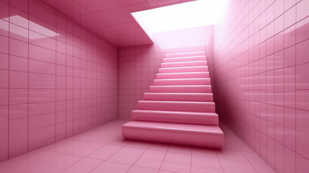 A glossy pink staircase ascends towards a bright light source, set within a minimalist room with tiled walls and floor.の素材