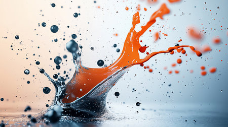 A stunning macro shot captures the energetic collision of vibrant orange and dark blue liquids, frozen in time against a soft, clean gradient background.の素材
