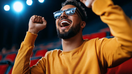 A jubilant young man with a beard and sunglasses cheers enthusiastically, arms raised, mouth wide open in excitement.の素材