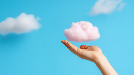 A hand gently holds a pink cotton candy cloud against a bright blue sky with fluffy white clouds, creating a whimsical and dreamy atmosphere.の素材