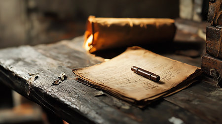 A stack of aged parchment papers with handwritten script and a quill rest on a distressed wooden table, illuminated by a warm, inviting light.の素材