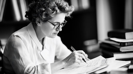 A woman with curly hair and glasses intently writes on paper with a pen. The black and white image conveys focus and concentration. Books are stacked nearby.の素材