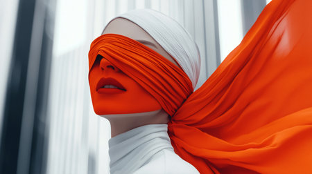 A striking portrait of a woman with her face partially obscured by an orange veil. The composition highlights the contrast between the white head covering and the vibrant orange fabric.の素材
