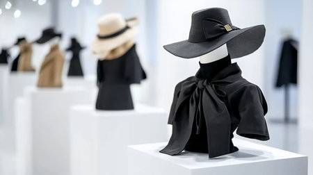 Elegant black wide-brimmed hat and bow-tie blouse on a mannequin, showcased in a brightly lit, minimalist fashion exhibition. Shallow depth of field highlights the chic design.の素材