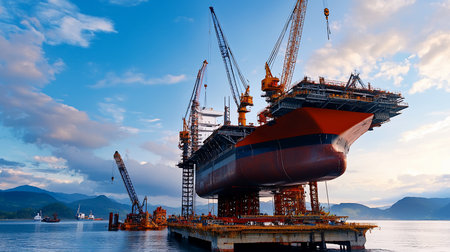 A colossal ship hull is under construction, elevated by cranes on a waterfront platform, set against a backdrop of mountains and a cloudy sky.の素材