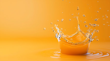 A dynamic splash of orange juice forms a crown-like shape, droplets suspended in air, against a smooth, vibrant orange background, creating a refreshing and energetic visual.の素材