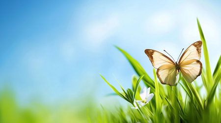 A beautiful butterfly with cream and brown wings rests on vibrant green grass, next to a delicate white flower, under a clear blue sky. A serene spring scene with ample copy space.の素材