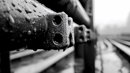 Detailed macro shot in black and white of a wet, textured metal railing with water droplets clinging to its surface, set against a softly blurred industrial background.の素材