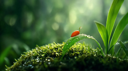 A tiny, whimsical red creature with a dewdrop head stands on a glistening leaf, surrounded by sparkling moss in a magical, sun-dappled micro-world. A macro fantasy scene.の素材
