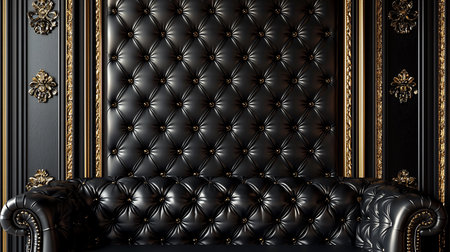 A close-up, low-angle shot of a plush black tufted leather sofa, featuring ornate gold trim and decorative embellishments on the surrounding wall panels, evoking a sense of opulence and grandeur.の素材