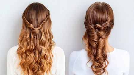 A side-by-side comparison of two elegant, braided half-updos on a woman with long, wavy, ombre hair. Showcasing hairstyle variations from simple twists to intricate braids.の素材