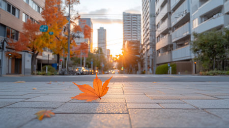 A vibrant orange maple leaf rests on a paved street in Japan, bathed in the warm glow of the setting sun, with city buildings and autumn trees in the background.の素材